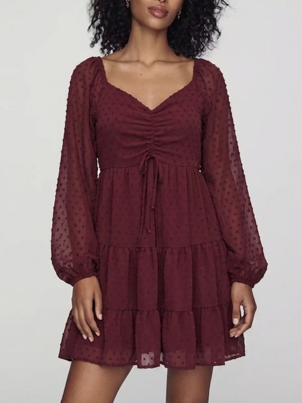 Altar'd State Swiss Dot Babydoll Dress Size XS Burgundy Tiered Ruffle Milkmaid